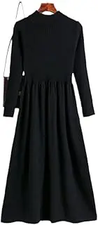 [Bewellan] Long Knit Women A Line Dress Winter Warm Long Sleeve Pleated Dresses Christmas Party Holiday Dresses Femme Black One Size