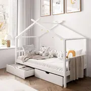 Oikiture Bed Frame Wooden Single Timber House Frame Storage Drawers White