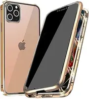 Privacy Magnetic Case for iPhone 13 Pro Max, PingGoo Anti Peep Magnetic Adsorption Cover, Front & Back 9H Tempered Glass, Privacy Screen Protector Metal Frame Anti Spy Case Cover, Gold