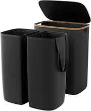 Garprovm Double Laundry Hamper with Lid 150L Large Laundry Basket with Bamboo Handles Foldable Clothes Hampers with 2 Removable Liner Bags for Laundry for Bedroom, Bathroom, Dorm, Laundry Room,Black