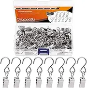 Tanstic 50Pcs Curtain Clips with S Hooks Kit, Stainless Steel S Hooks Curtain Clips with Storage Case for Hanging Party String Lights, Hangers Gutter Photo Camping Tents (Silver)