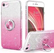 PeeTep for iPhone SE 2020 Case Glitter,Slim Fit Sparkly Case with 360°Ring Holder Kickstand Shock Absorbent Sturdy Glitter Cover,for iPhone 8/7/SE 2020/SE 3 2022 Cover for Girls,Pink