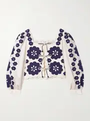 [Sea] Sea - Catrine Tie-front Scalloped Appliquéd Cotton-voile Blouse - Ivory - medium medium Ivory