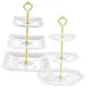 2 Pcs 3 Tier Porcelain Cupcake Stand Round and Square White Ceramic Cake