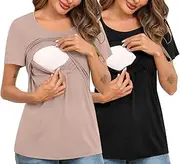 [SWOMOG] Women's 2 Pack Nursing Tops Short Sleeve Nursing Shirts Double Layer Maternity Tops Soft Comfort for Breastfeeding