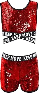 [iiniim] Kids Girls Shiny Sequins Dance Costumes Sleeveless Crop Top with Bottom Shorts 2 Pieces Jazz Hip Hop Dancewear