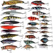 RoseFlower 28 PCS Fishing Lure Kit, ABS Plastic Hard Bait Set with 3D Bionic Eyes & Inner Ball, Various Sizes Minnow & Vibration - Fishing Gear Set, Lure Tackle Box