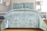 3-Piece Fine printed Oversize (100 X 95) Quilt Set Reversible Bedspread Coverlet FULL/QUEEN SIZE Bed Cover (Pale Blue Grey Paisley)