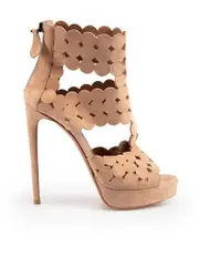 Pink Suede Laser Cut Circle Platform Heel Sandals