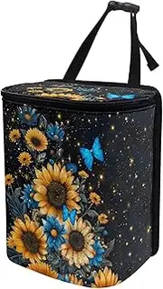 Blue Butterfly Sunflower Print Car Trash Can - Foldable, Automotive Garbage Bin with Leak Proof Hanging Bag
