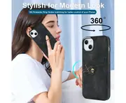 Full Protection Cover for iPhone 14 Plus, 2 Cards PU Leather Case with Ring Holder - Black