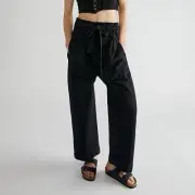 Free People Sky Rider Pants Paperbag Straight Leg Cotton Linen Black Sz M NWT