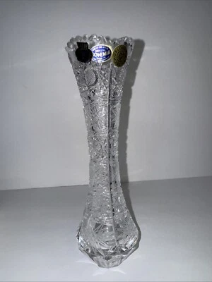 Bohemian Czech Crystal 9.5” Vase Hand Cut Queen Lace 24% Lead Glass Collectible