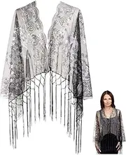 [CABODYALS] Black Sequin Wrap Shawl 1920s Flapper Shawls and Wraps Womens Silver Sequins Beaded Long Fringe Tassel Polyester Evening Scraf for Women Evening Dresses Party Wedding Formal Accessories