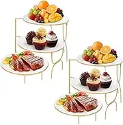 3 Tiered Serving Stand with White Porcelain Plate Set 2 Pack Rotatable Dessert Table Display Set 10'' Round Tiered Serving Trays & Platters for Cake Fruit Cookie Dessert 2 Stand + 6 Plates