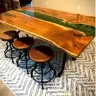 60"x36" Acacia Wood Live Edge Dining Table with Green Epoxy Bar Tops Home Decor