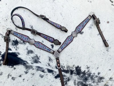 Western Horse Leather Headstall Breast Collar Set Horse Tack Christmas Gifts