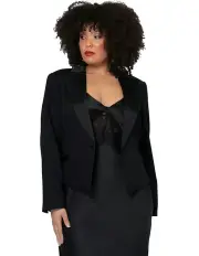 [Pink Dusk] Satin Trim Crop Blazer in Black