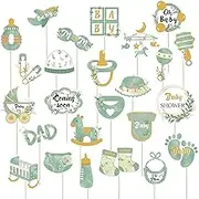 Sage Green Baby Shower Photo Booth Props - 25pcs Greenery Baby Shower Selfie Props with Sticks for Boy Girl Boho Neutral Jungle Safari Woodland Gender Welcome Oh Sweet Baby Decorations Supplies