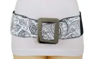 Women Wide Black White Elastic Waistband Belt Silver Buckle Paisley Print S M