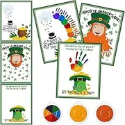 Motipuns 30 Pcs St. Patrick's Day Handprint Craft Cards with 3 Pcs Large Ink Pads Leprechaun Craft Shamrock Craft Rainbow Craft St. Patrick's Day Supplies St. Patrick's Day Activity Pot Gold Decor
