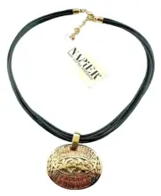 New NWT Signed Napier Gold tone Medallion Pendant Necklace 5 strand leather