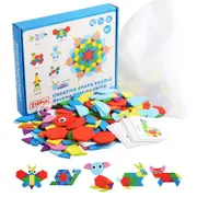 210Pcs Montessori Wooden Pattern Blocks Set Geometric Shapes Puzzle Wo