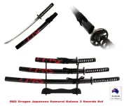 Collectable RED Dragon Japanese Samurai Katana 3-Sword Set w/ Scabbard & Stand