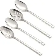 4 Pcs Cooking Spoon Set, Stainless Steel Serving Spoons, Long Handle Kitchen Utensils with Slotted and Solid Spoons, Metal Cooking Spoons for Restaurant, Home Use (Silvery, One Size)