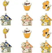 [DanLingJewelry] 30Pcs Bee Enamel Charms Lovely House with Flower Insect Charms Metal Bee Honeycomb Charms for Jewelry Making Necklaces, Non-Precious Metal, No Gemstone