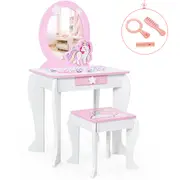 Costway TOP 50 Bonus Trinkets Set Vanity Dressing Table Stool Set w/Mirror Princess Birthday Gift