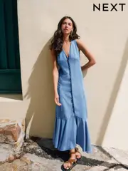 Blue Button Down Midi Dress (AM5692) | $111