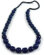 [Avalaya] Dark Blue Wood and Ceramic Bead Cotton Cord Necklaces for Women - 70cm Long, One Size