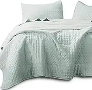 Kasentex Quilted Coverlet 3-pc Mini Bedding Set-All Season Lightweight Ultra Soft Stone Washed Blanket-Heat-Pressed 2-Tone Reversible Color, King + 2 King Shams, Milky Green/Sheer Pink