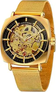 [DAXIAOYU] Fashion Luxury Band Automatic Mechanical Watch for Men Square Skeleton Analog Mesh Steel Clock