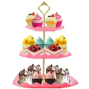 Dessert Cupcake Stand,3 Tier Cup Cake Holder Tower for Tea Party/Birthday/Weeding,Plastic Tiered Serving Tray with Metal Rod,Pink