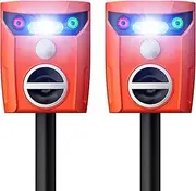 2 Packs Ultrasonic Animal Repeller Solar Powered Outdoor, 360° Ultrasonic Cat Repeller with LED Flashing Light, Waterproof Deer Repellent Devices for Repelling Sankes, Raccoons, Cats, Dogs, Rabbits