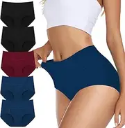 [Cozyroam] Underwear Women, High Waisted Cotton Knickers Ladies Full Back Coverage Briefs Panties Comfy Stretchy Slight Tummy Contorl 5 Pack, 2*black+2*blue+1*red, XXL