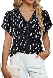 [Lotusmile] Womens Dressy Ruffle Tops Summer Chiffon V Neck Work Blouse Casual Flutter Short Sleeve Shirts