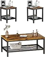 AWQM 3 Pieces Stable Coffee Table Set, Industrial Coffee Table with 2 Square End Side Tables, Modern Living Room Table Set with Metal Frame for Apartment Home Office, Rustic Brown