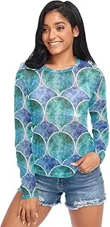 [RPLIFE] Overlapping Scallop Shapes Blue Green Mesh Sleeve, Sheer Mesh Top S-XXL