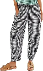 [Ogfao] Women's Plaid Pant Gingham Lounge Pants Wide Leg Mid Rise Elastic Waist Checkered Long Trousers with Pockets