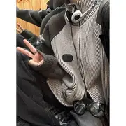 Turtleneck Two Tone Knit Zip-Up Jacket Gray - 2XL