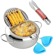 Deep Fryer Pot, 9.5 Inch/3.4 L Style Tempura Frying Pot with Lid, Thermometer And Oil Drip Drainer Rack Lid, for French Fries, Chicken etc（2 thermal insulation, 1 clip）
