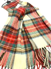 D&Y Softer Than Cashmere Scarf Plaid Red Ivory Green Fringe Scottish Tartan
