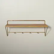 24" Wood & Brass Wall Shelf with Hooks - Hearth & Hand