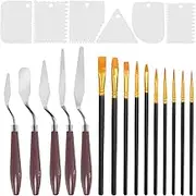 21Pcs White Palette Knife Paint Scraper Set Includes 5Pcs Stainless Steel Palette Knives with 6Pcs Plastic Scrapers 10Pcs Hair and Bristle Brush Spatula Drawing Tool for Art Craft Painting