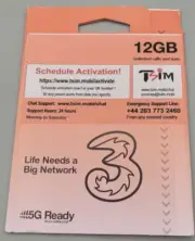 PrePaid Europe (UK THREE) sim card 12GB data+3000 minutes+3000 texts for 30 days