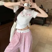 Short-Sleeve Crewneck Print T-Shirt / High Waist Plaid Wide Leg Pants Pants - Pink - S