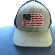 Columbia PFG Mesh Ball Cap L/XL Flexfit Leather Fish Flag Gray Blue